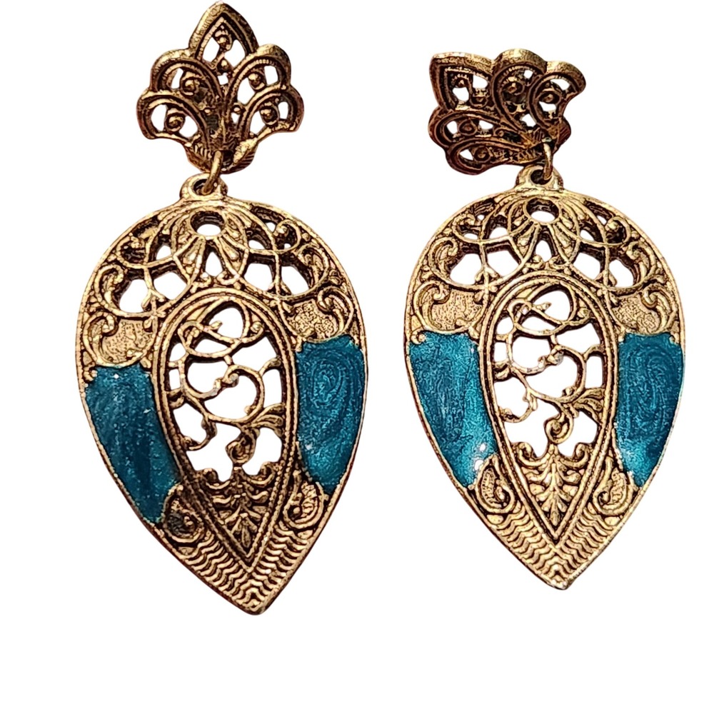 Vintage Gold tone teardrop dangle fashion earrings with teal enamel detail